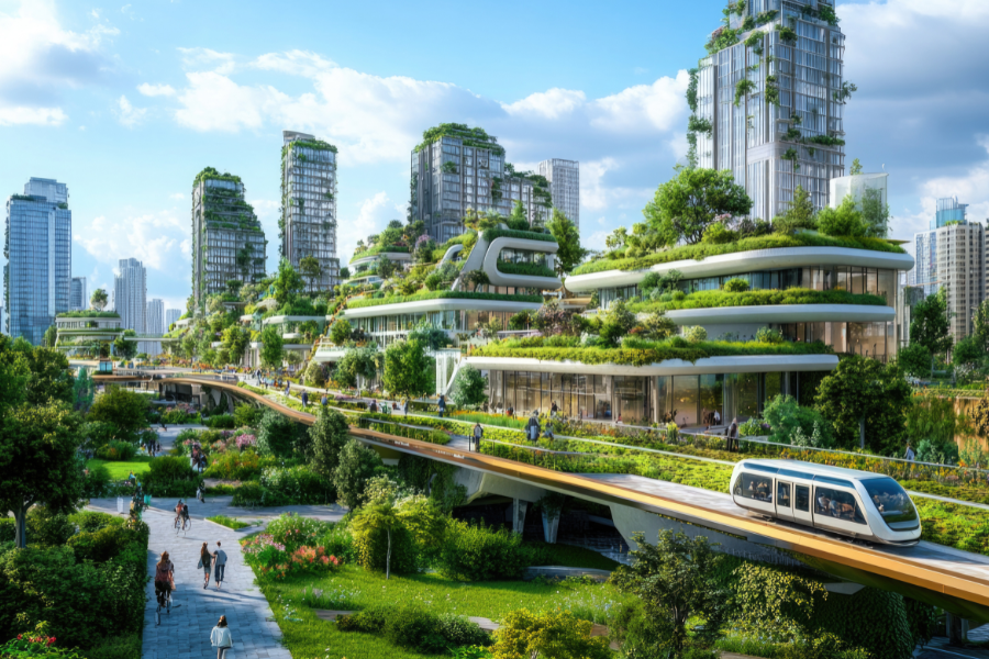 a futuristic city with lots of greenery and buildings