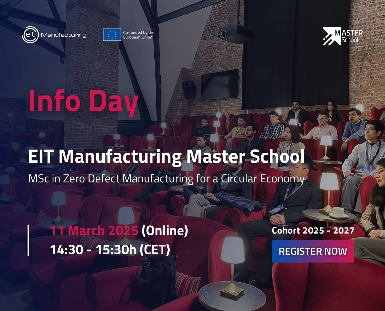 Banner for EIT Manufacturing Master Info Days featuring people seated in a movie theater-style setting, watching a presentation