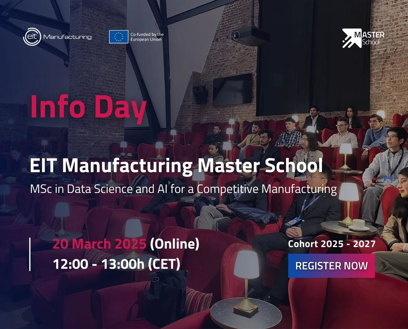 Banner for EIT Manufacturing Master Info Days featuring people seated in a movie theater-style setting, watching a presentation.