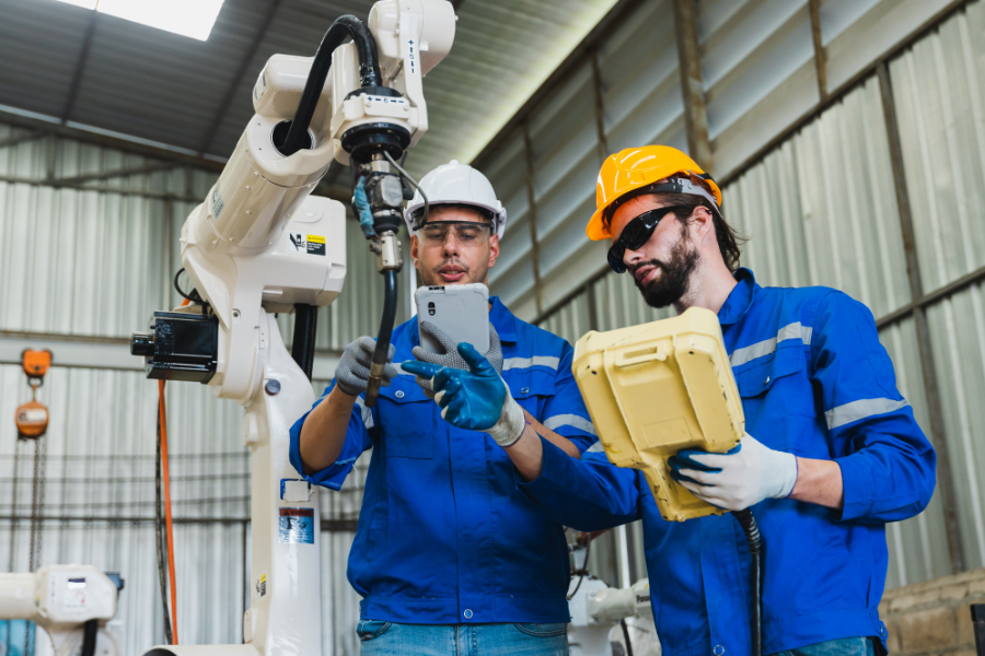 Worker using an iPad to monitor production metrics in a manufacturing environment