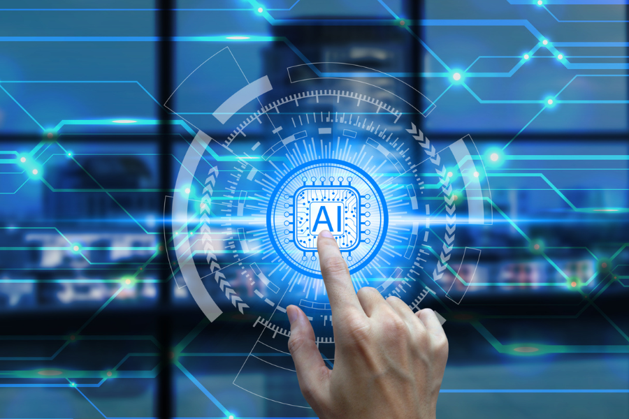 Artificial intelligence interface displaying data and neural network graphics.