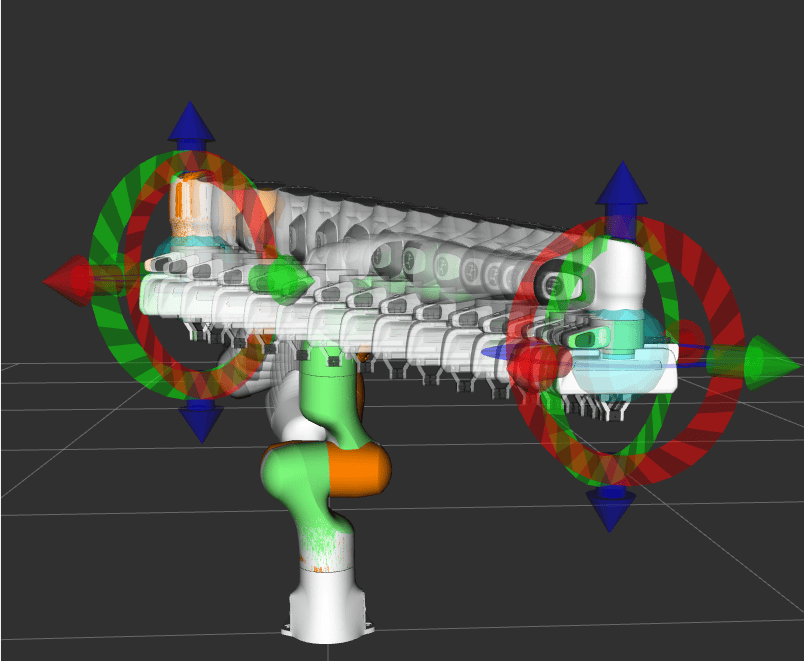 3D visualization of a robotic arm manipulating a complex mechanical component in a simulation environment. The scene includes axis gizmos (red, green, and blue arrows) indicating rotation and translation controls. The robotic arm has color-coded segments (green, white, orange), and the component being handled appears to be a multi-nozzle assembly or manifold. The background includes a grid for spatial reference.