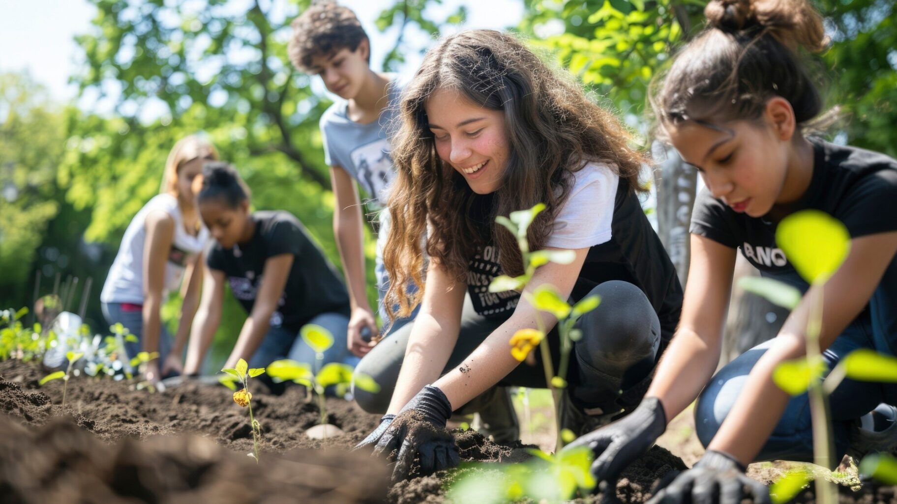 Children planting seedlings in a school garden, working together in a raised garden bed with soil and young plants.
