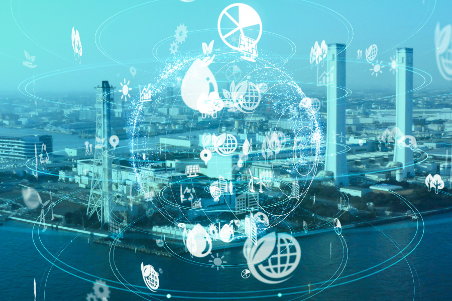 an aerial view of an industrial plant with icons on it