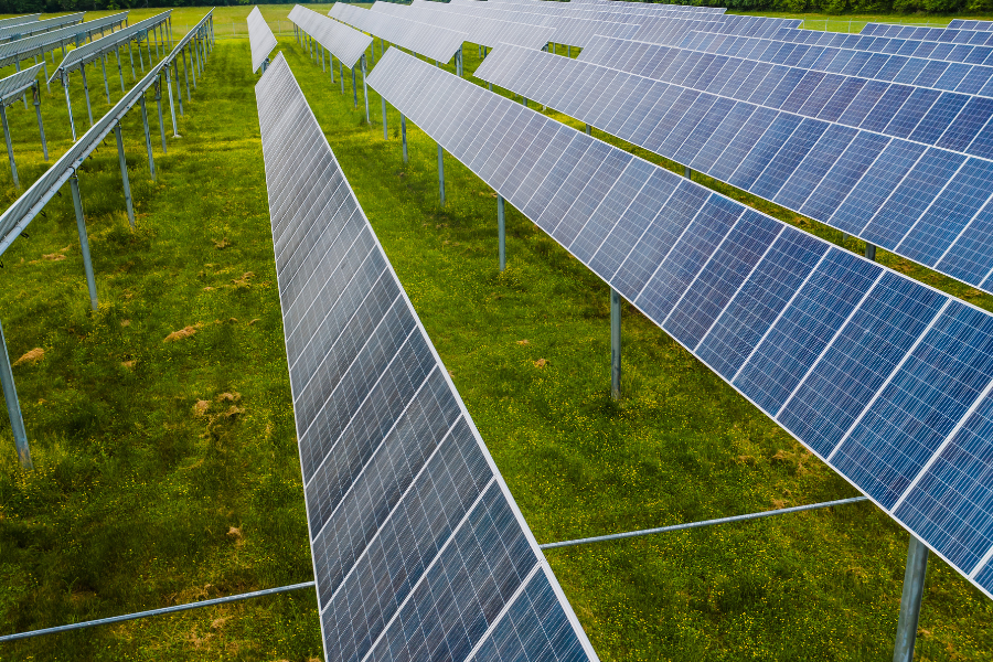 an aerial view of rows of solar panels in a field