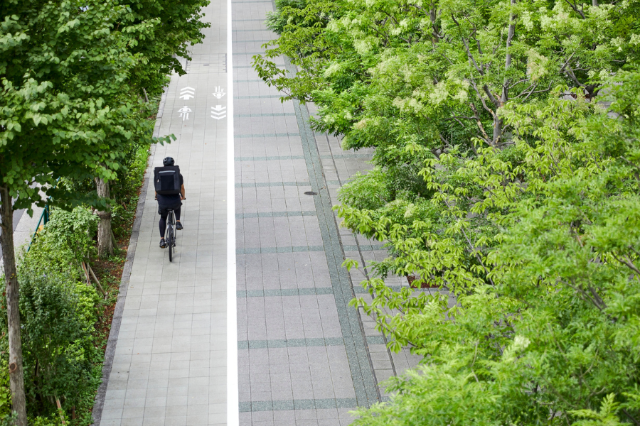 a person riding a bike on a sidewalk next to trees