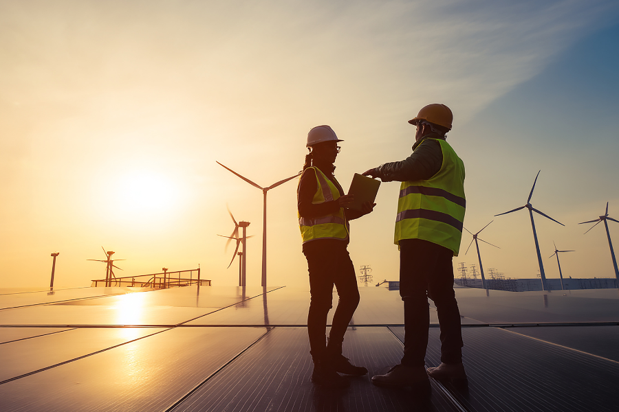 two people standing in front of wind turbines at sunset
