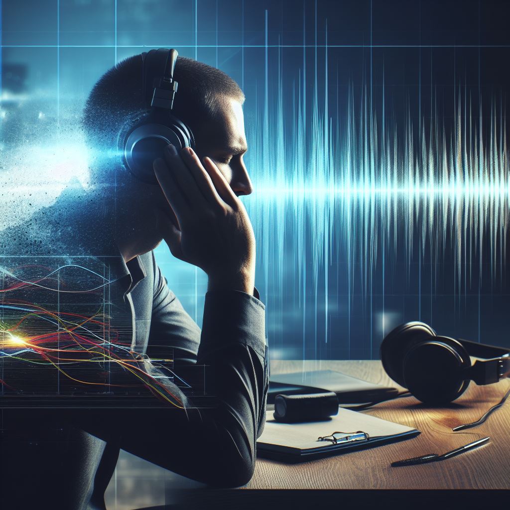 a person with headphones listening to music in front of a laptop