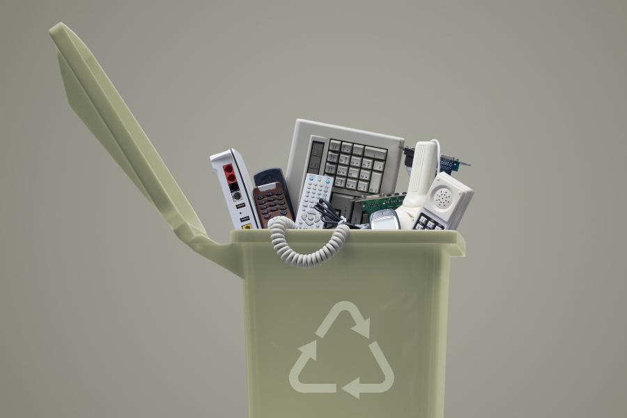 a green trash can with a cell phone in it