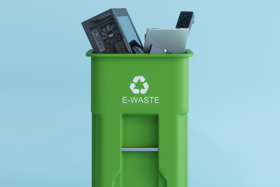 3d rendering of a green recycling bin with a laptop in it on a blue background