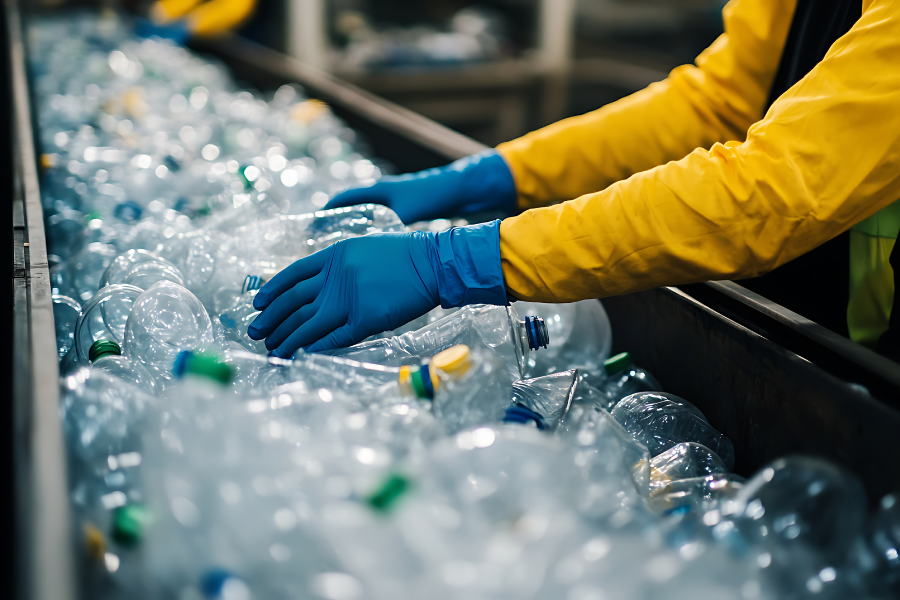 a worker picking plastic bottles from a conveyor belt