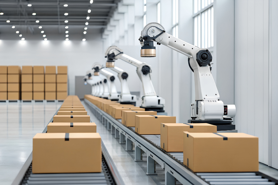 robots moving boxes on a conveyor belt in a warehouse